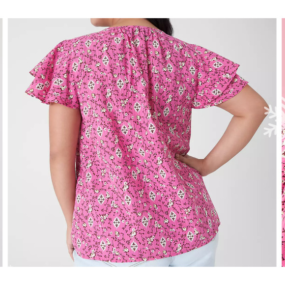 Lane Bryant Shirt Womens Plus Size 24 Pink Floral Flutter Sleeve Tie Neck Boho - Picture 9 of 15